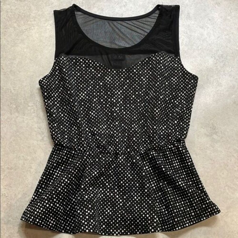 Dots Womens Sleeveless Blouse Black/White Polka Dot Peplum Ruffle Sz L